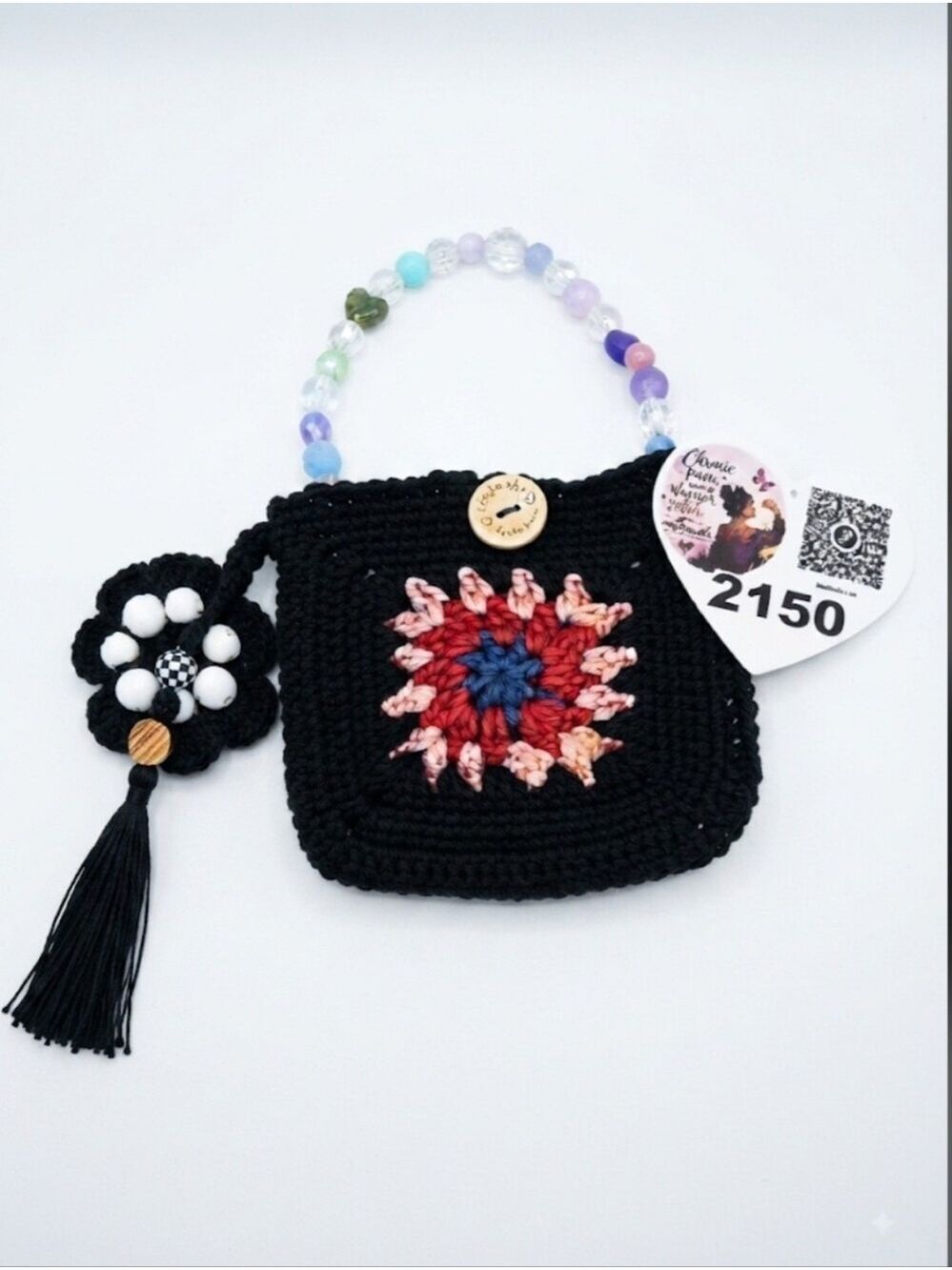 Handmade Kids Crochet Wrist Bag with Colorful Flower Accent - Black
